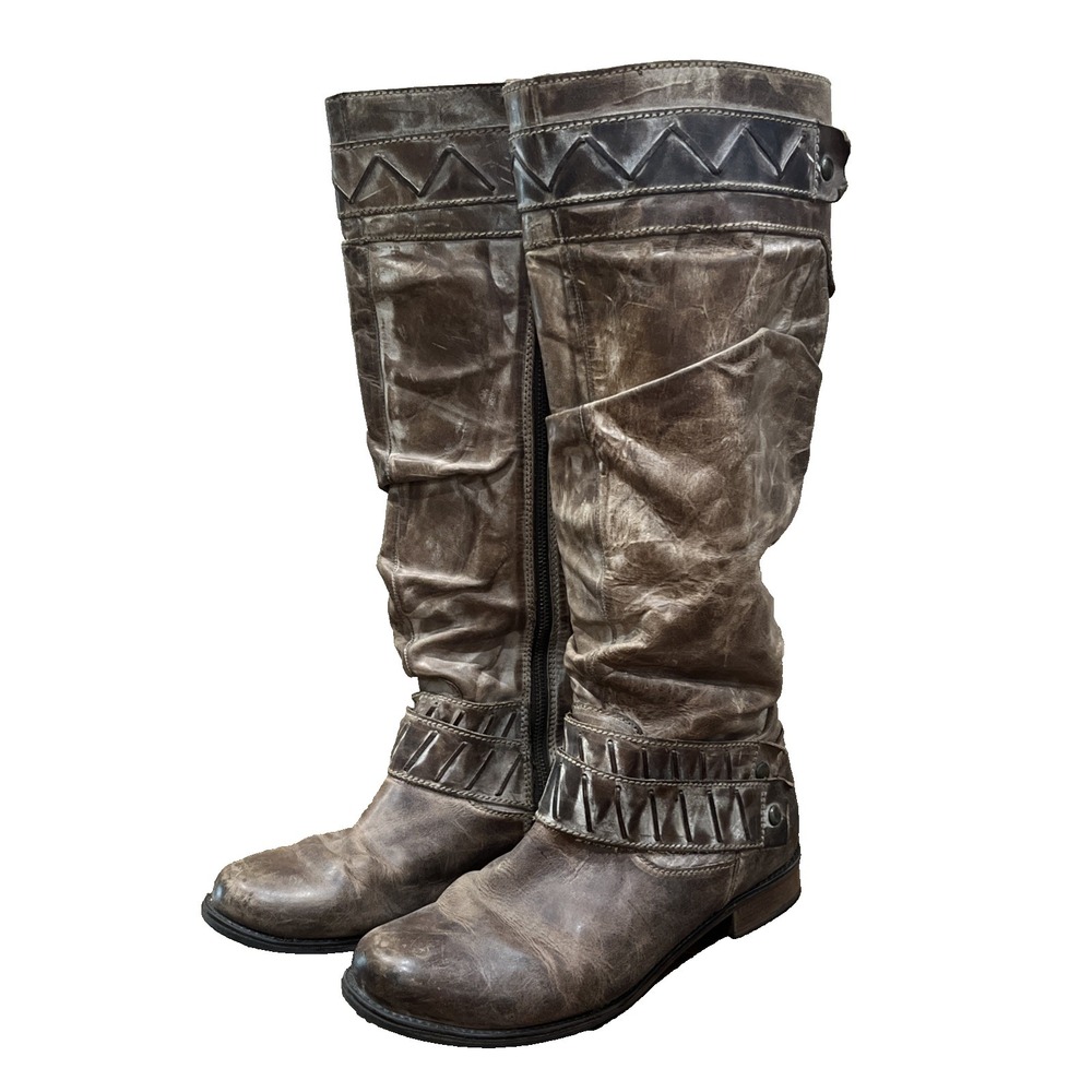 Corral Boots Indie Spirit Brown Distressed Womens Sz 10 M Zip Up Boho Buckle 17"